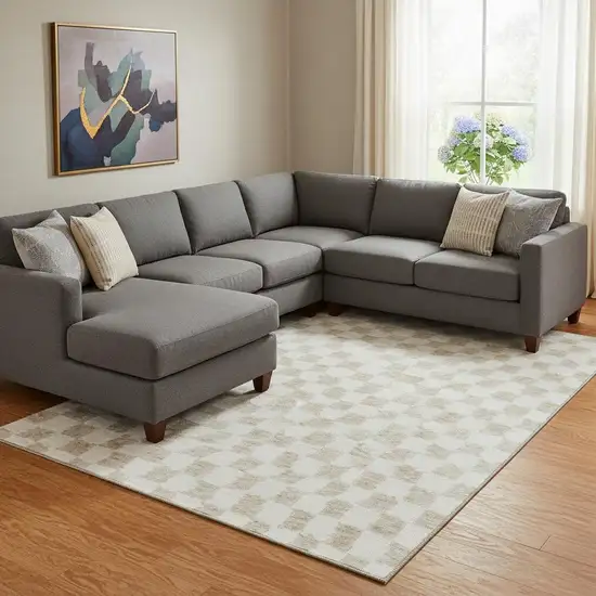 Beige And Ivory Geometric Washable Area Rug With UV Protection Photo 2