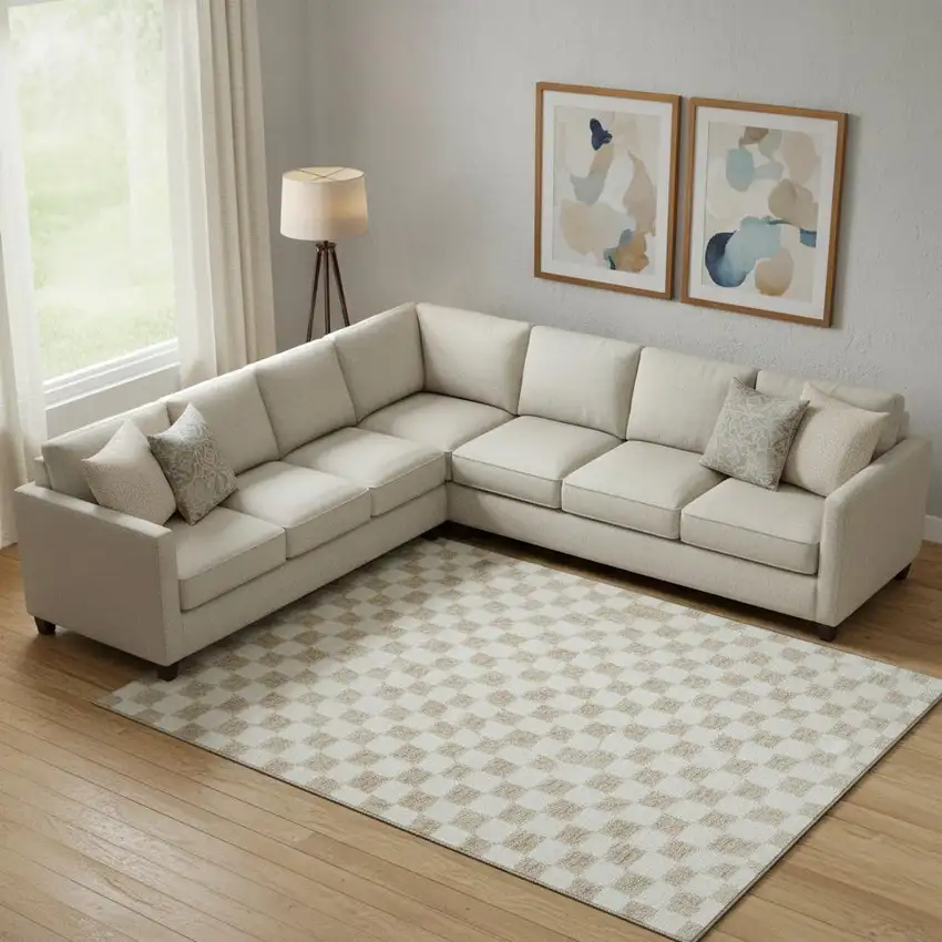 Beige And Ivory Geometric Washable Area Rug With UV Protection Photo 2