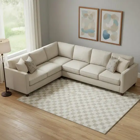 Beige And Ivory Geometric Washable Area Rug With UV Protection Photo 2