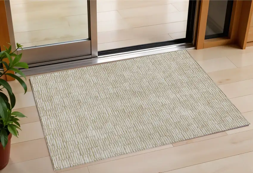 Beige And Ivory Geometric Washable Indoor Outdoor Area Rug Photo 1