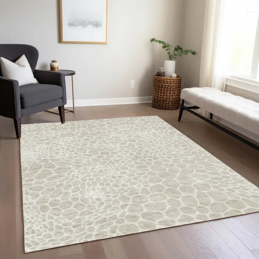 Beige And Ivory Geometric Washable Indoor Outdoor Area Rug Photo 9