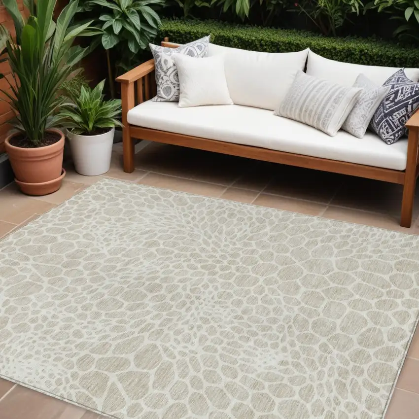 Beige And Ivory Geometric Washable Indoor Outdoor Area Rug Photo 1