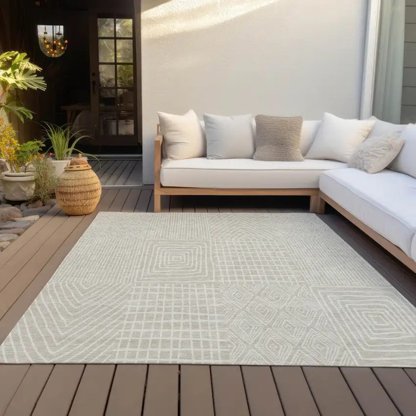Beige And Ivory Geometric Washable Indoor Outdoor Area Rug Photo 7
