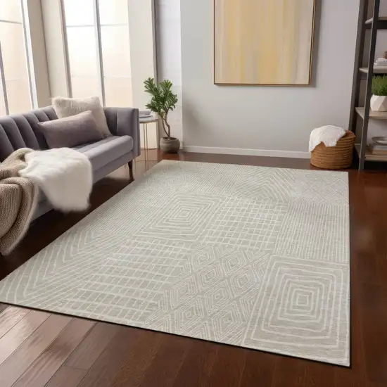 Beige And Ivory Geometric Washable Indoor Outdoor Area Rug Photo 8