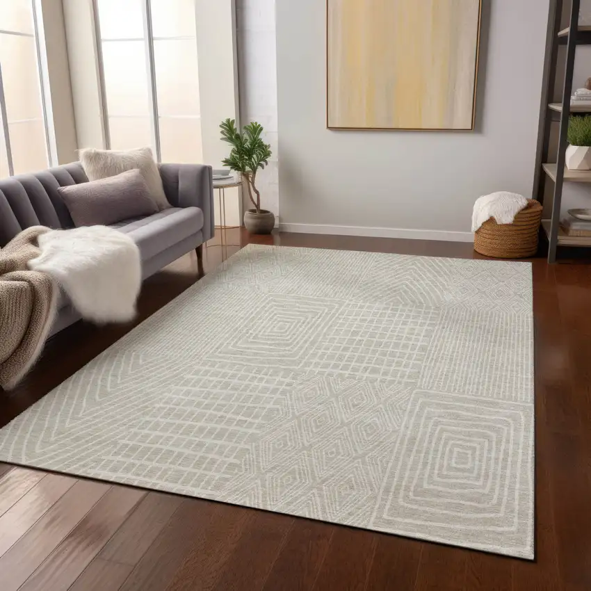 Beige And Ivory Geometric Washable Indoor Outdoor Area Rug Photo 8