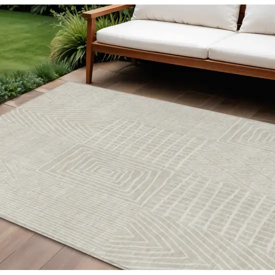 Beige And Ivory Geometric Washable Indoor Outdoor Area Rug Photo 1