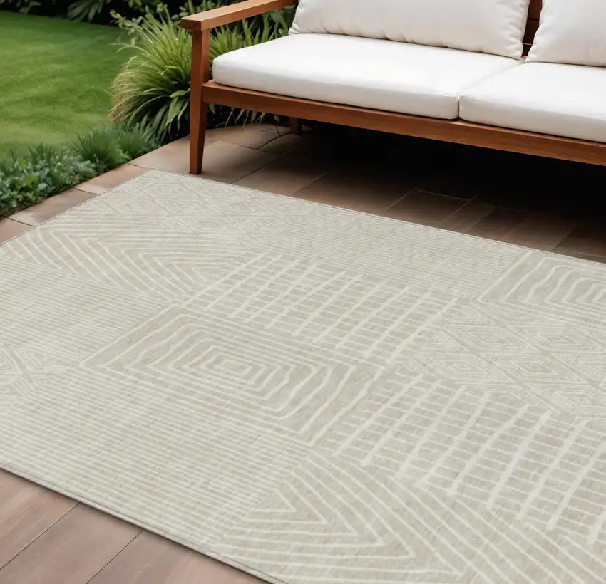 Beige And Ivory Geometric Washable Indoor Outdoor Area Rug Photo 1