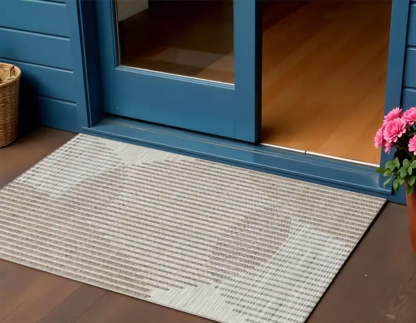Beige And Ivory Geometric Washable Indoor Outdoor Area Rug Photo 1