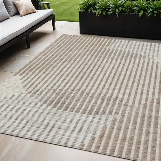 Beige And Ivory Geometric Washable Indoor Outdoor Area Rug Photo 1