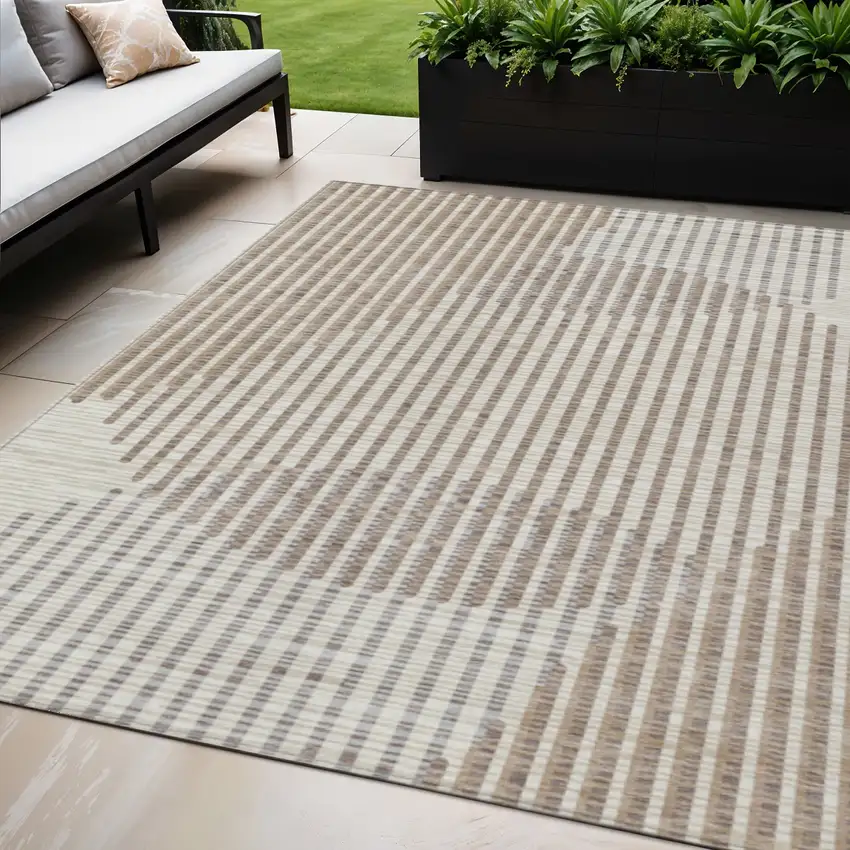 Beige And Ivory Geometric Washable Indoor Outdoor Area Rug Photo 1