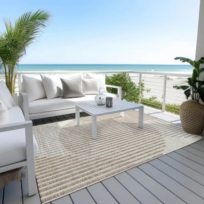 Beige And Ivory Geometric Washable Indoor Outdoor Area Rug Photo 9