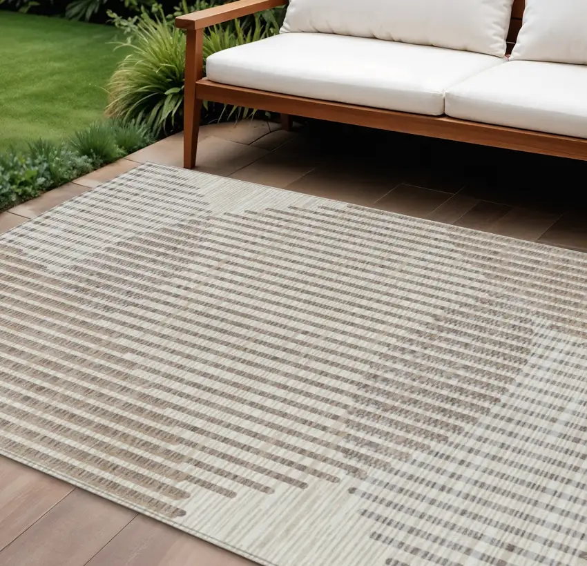 Beige And Ivory Geometric Washable Indoor Outdoor Area Rug Photo 1