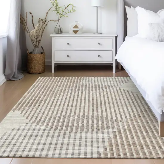 Beige And Ivory Geometric Washable Indoor Outdoor Area Rug Photo 9