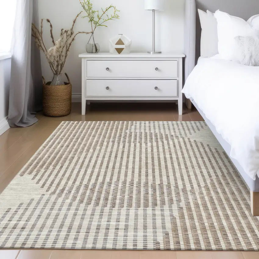 Beige And Ivory Geometric Washable Indoor Outdoor Area Rug Photo 9