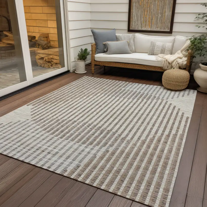 Beige And Ivory Geometric Washable Indoor Outdoor Area Rug Photo 7