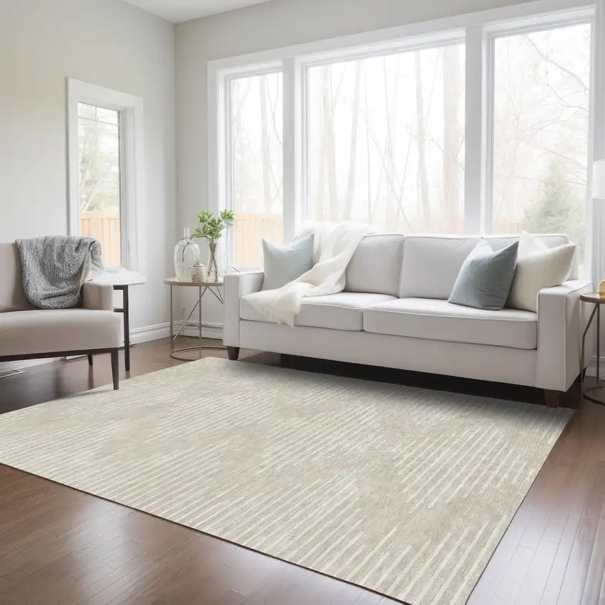 Beige And Ivory Geometric Washable Indoor Outdoor Area Rug Photo 9