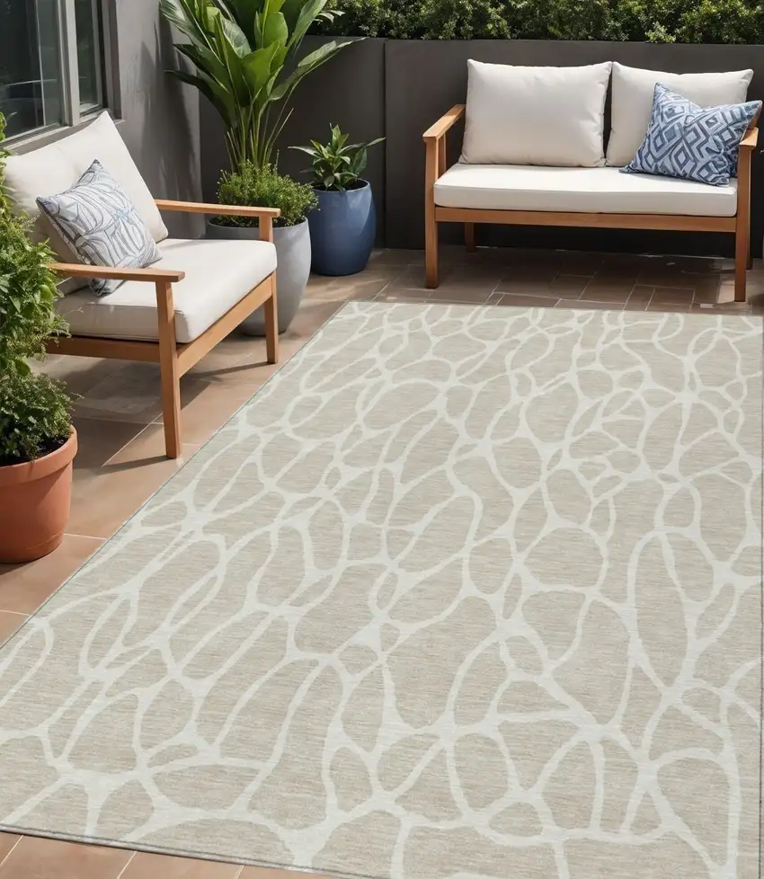 Beige And Ivory Geometric Washable Indoor Outdoor Area Rug Photo 1