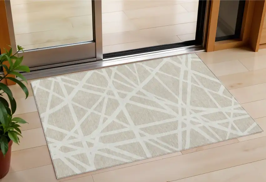 Beige And Ivory Geometric Washable Indoor Outdoor Area Rug Photo 1