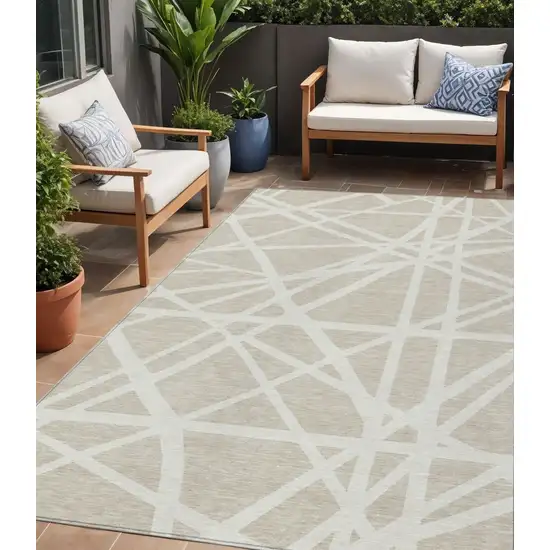 Beige And Ivory Geometric Washable Indoor Outdoor Area Rug Photo 1