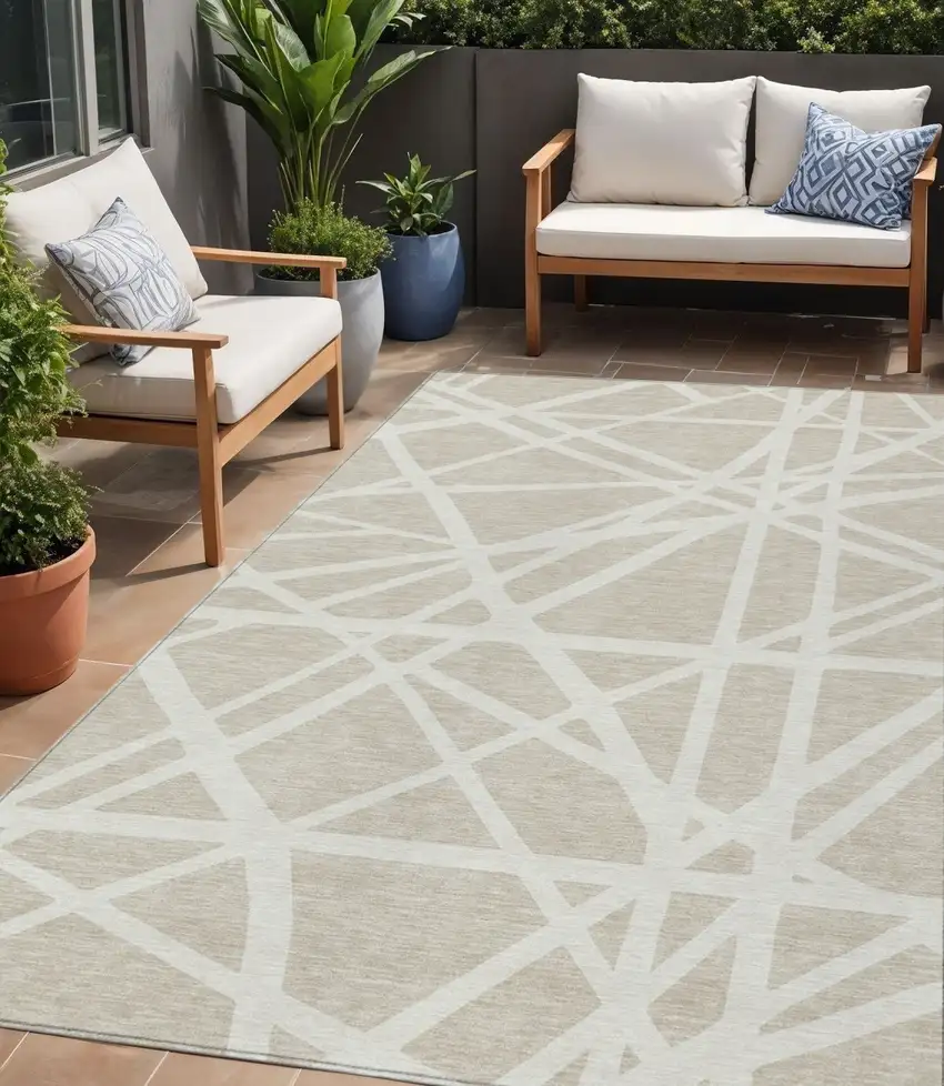 Beige And Ivory Geometric Washable Indoor Outdoor Area Rug Photo 1