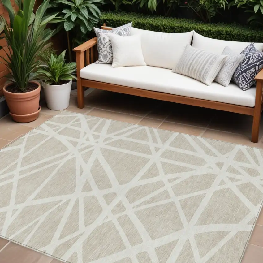 Beige And Ivory Geometric Washable Indoor Outdoor Area Rug Photo 1
