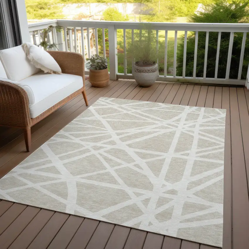 Beige And Ivory Geometric Washable Indoor Outdoor Area Rug Photo 8