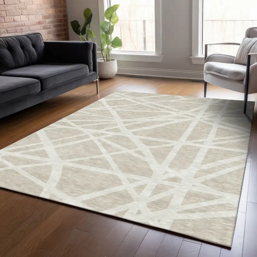 Beige And Ivory Geometric Washable Indoor Outdoor Area Rug Photo 9