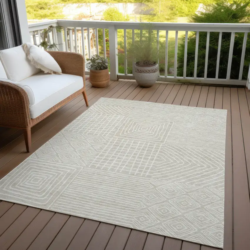 Beige And Ivory Geometric Washable Indoor Outdoor Area Rug Photo 7