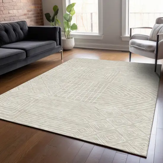 Beige And Ivory Geometric Washable Indoor Outdoor Area Rug Photo 8