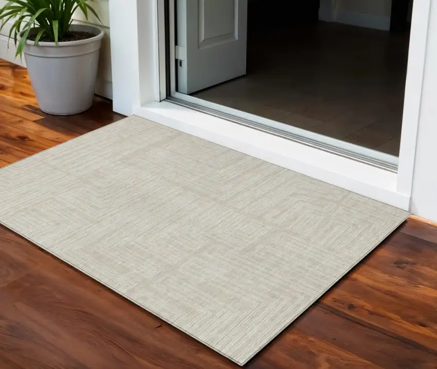 Beige And Ivory Geometric Washable Indoor Outdoor Area Rug Photo 1