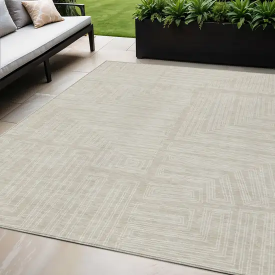 Beige And Ivory Geometric Washable Indoor Outdoor Area Rug Photo 1