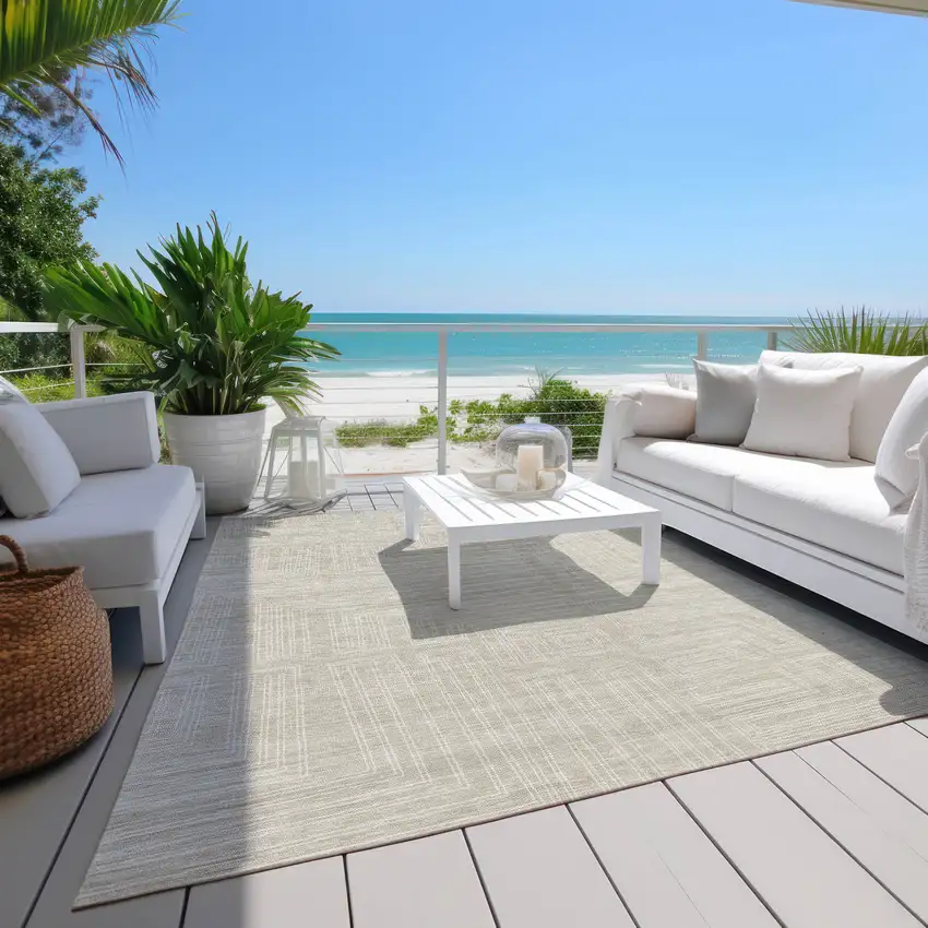 Beige And Ivory Geometric Washable Indoor Outdoor Area Rug Photo 9