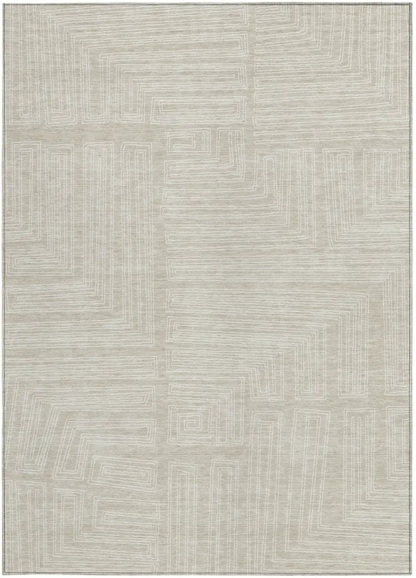 Beige And Ivory Geometric Washable Indoor Outdoor Area Rug Photo 5