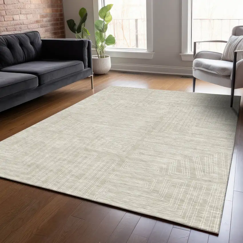 Beige And Ivory Geometric Washable Indoor Outdoor Area Rug Photo 8
