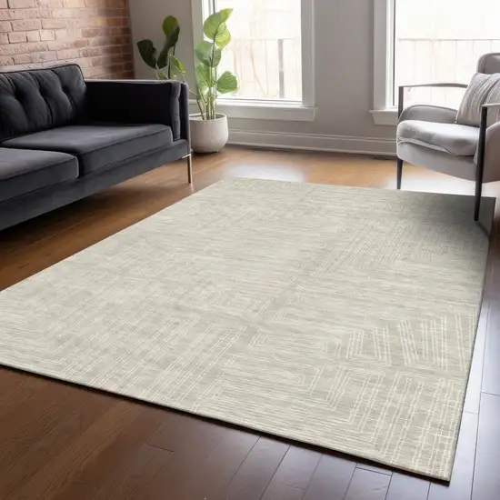 Beige And Ivory Geometric Washable Indoor Outdoor Area Rug Photo 8