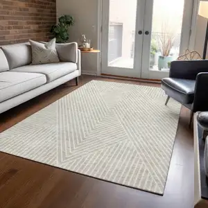 Photo of Beige And Ivory Geometric Washable Indoor Outdoor Area Rug