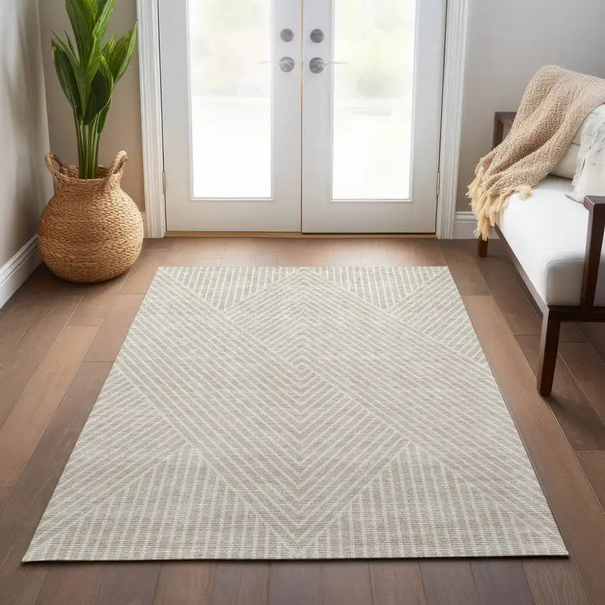 Beige And Ivory Geometric Washable Indoor Outdoor Area Rug Photo 9