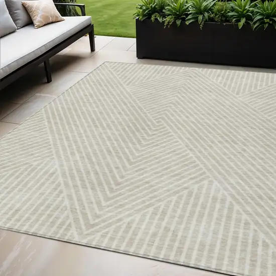 Beige And Ivory Geometric Washable Indoor Outdoor Area Rug Photo 1