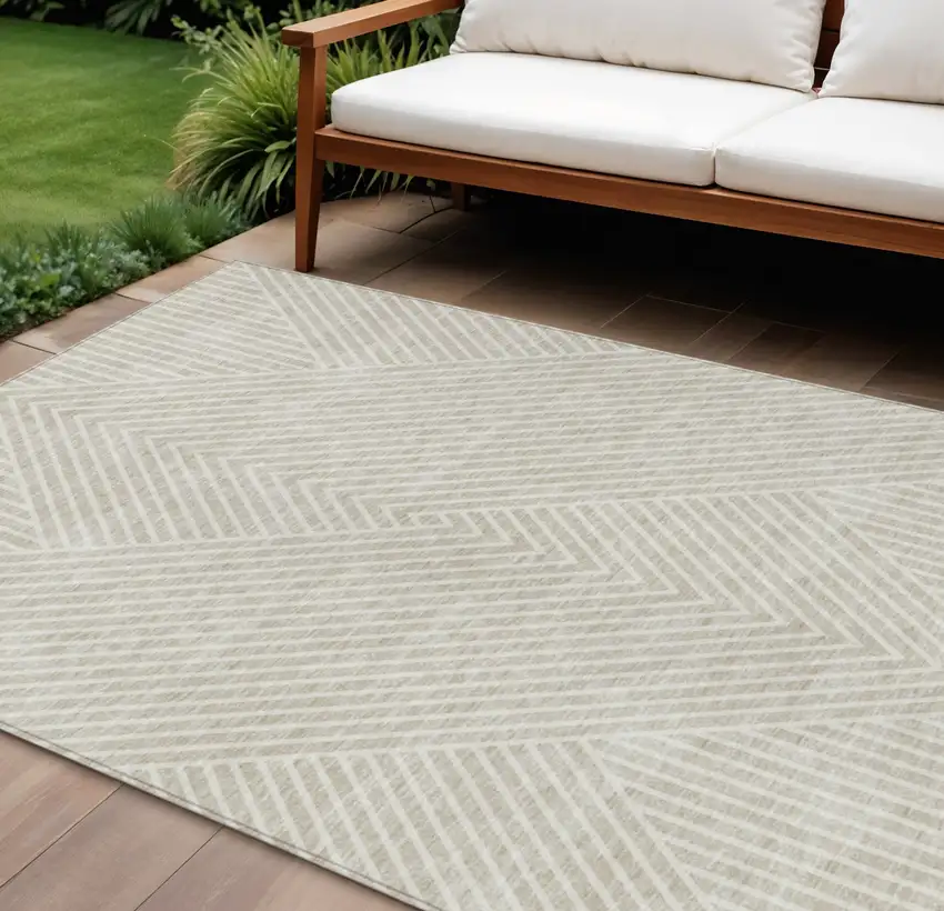 Beige And Ivory Geometric Washable Indoor Outdoor Area Rug Photo 1