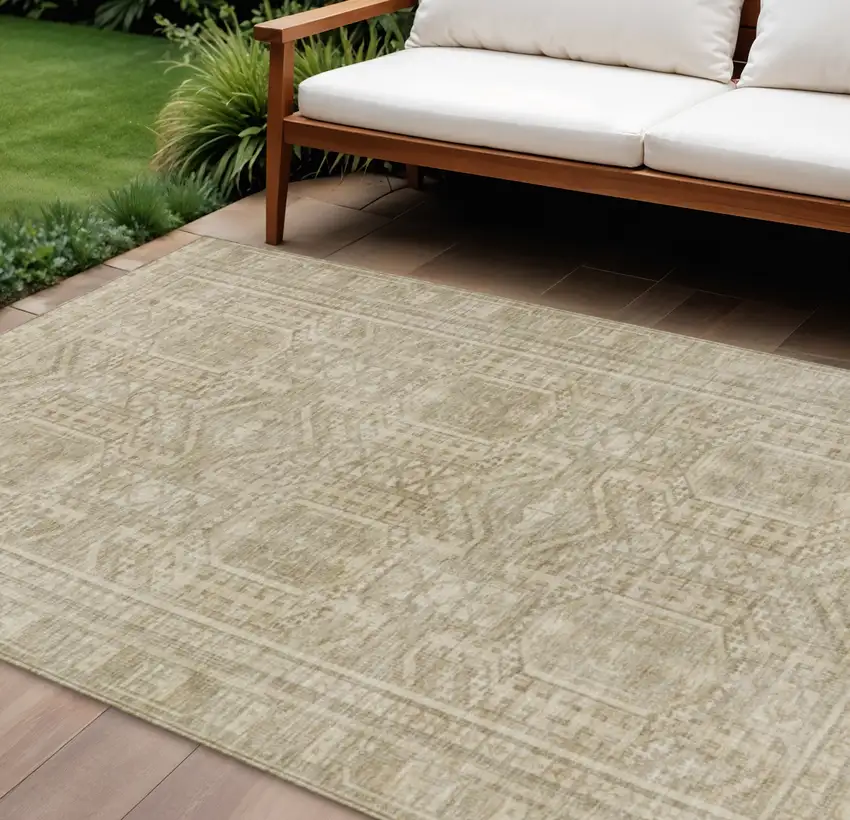 Beige And Ivory Geometric Washable Indoor Outdoor Area Rug Photo 2