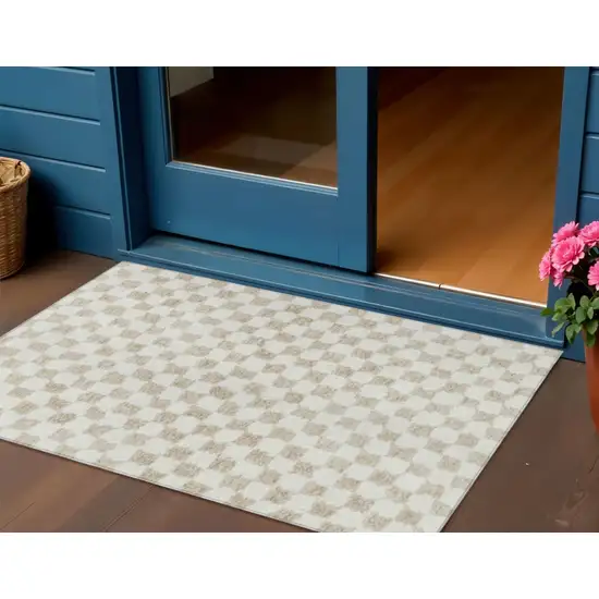 Beige And Ivory Geometric Washable Indoor Outdoor Area Rug Photo 2