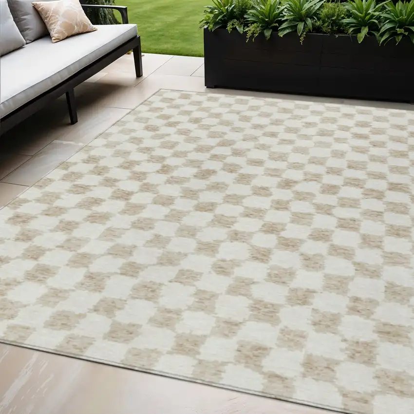 Beige And Ivory Geometric Washable Indoor Outdoor Area Rug Photo 2