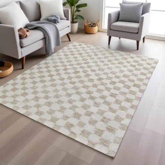 Beige And Ivory Geometric Washable Indoor Outdoor Area Rug Photo 7
