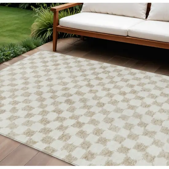 Beige And Ivory Geometric Washable Indoor Outdoor Area Rug Photo 2