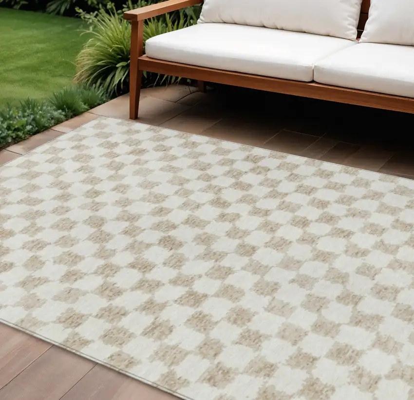 Beige And Ivory Geometric Washable Indoor Outdoor Area Rug Photo 2