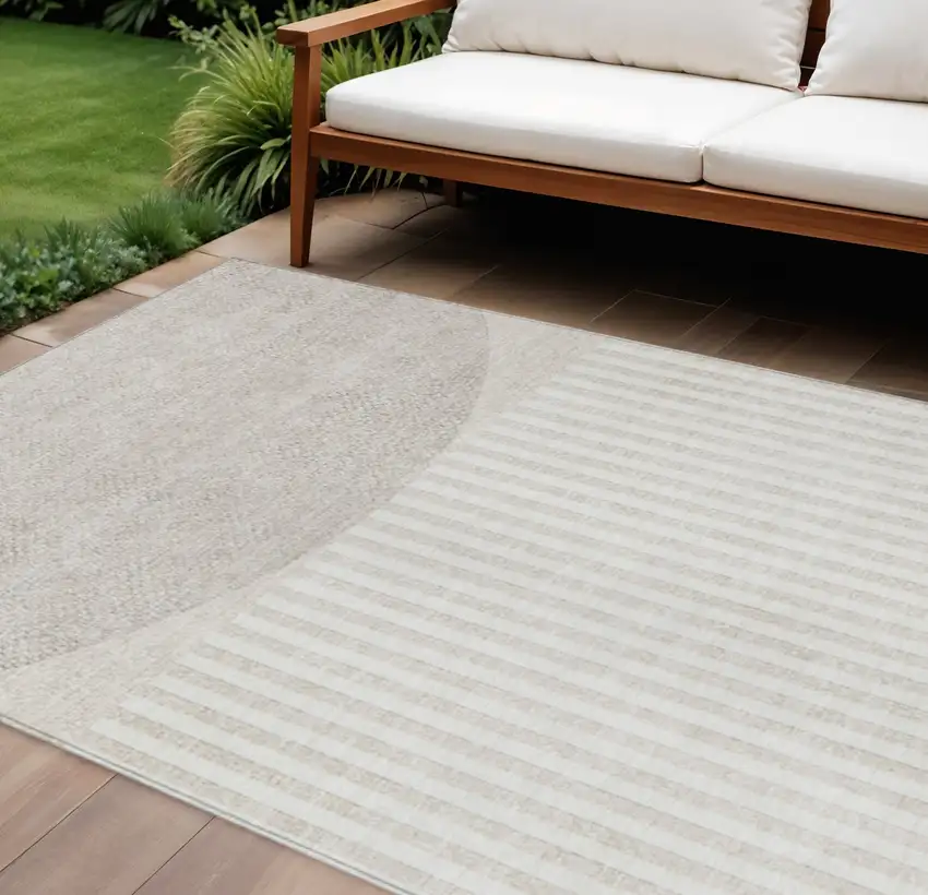 Beige And Ivory Geometric Washable Indoor Outdoor Area Rug Photo 2