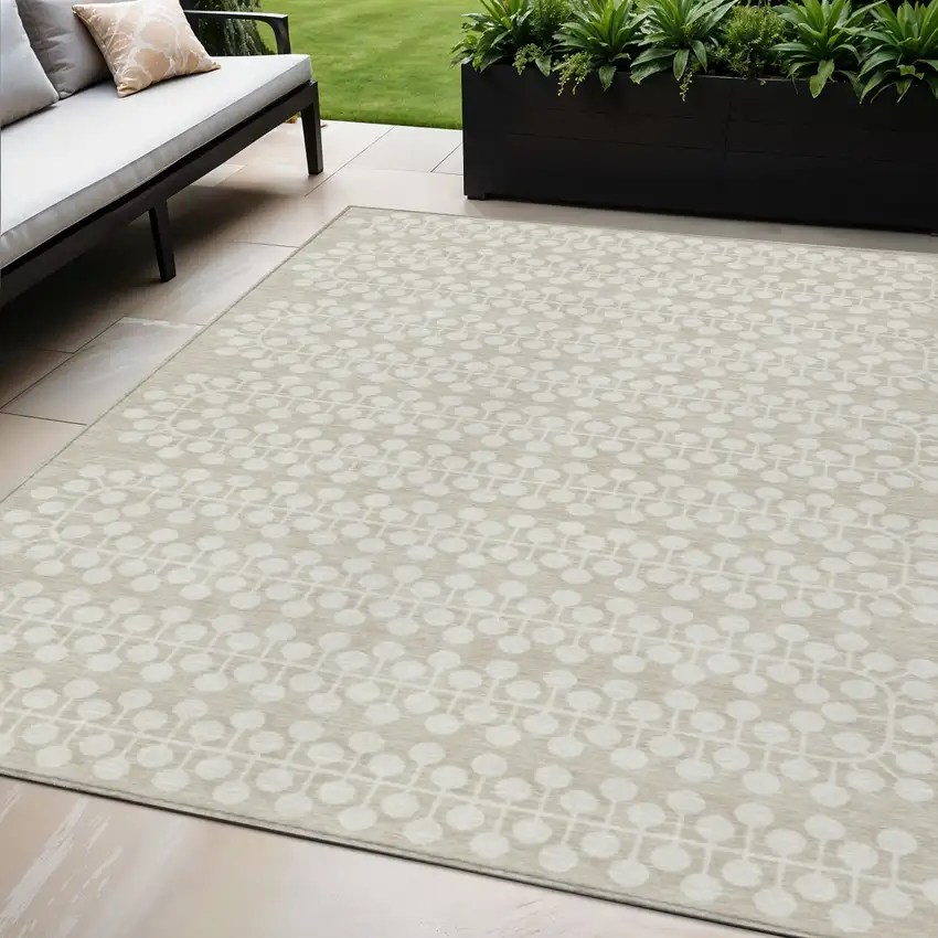 Beige And Ivory Geometric Washable Indoor Outdoor Area Rug Photo 1