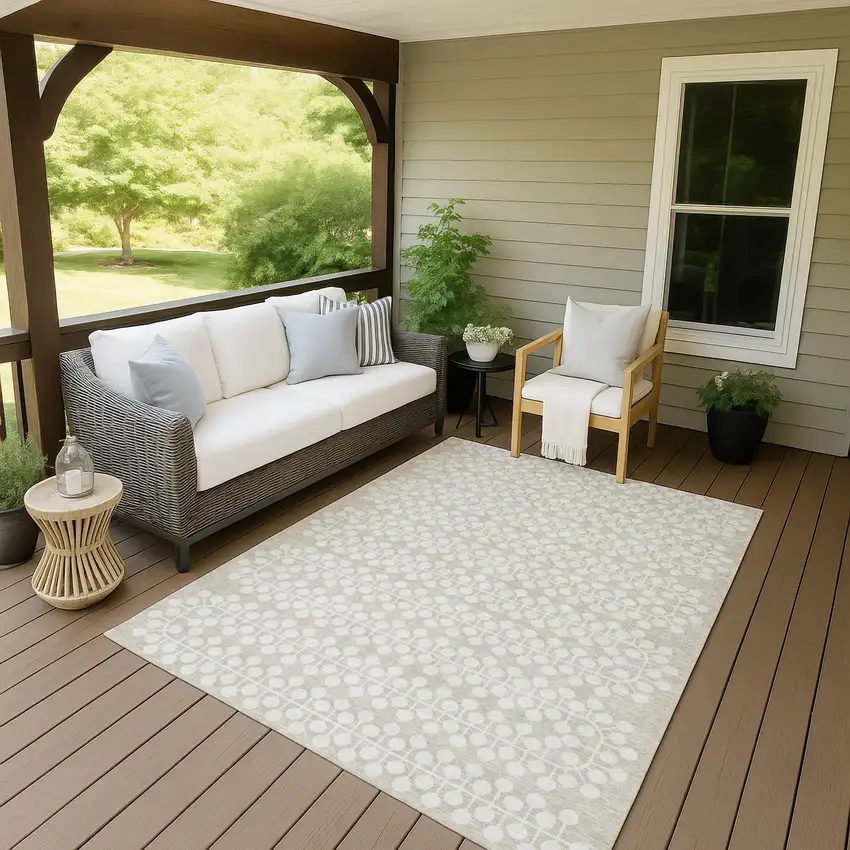 Beige And Ivory Geometric Washable Indoor Outdoor Area Rug Photo 6