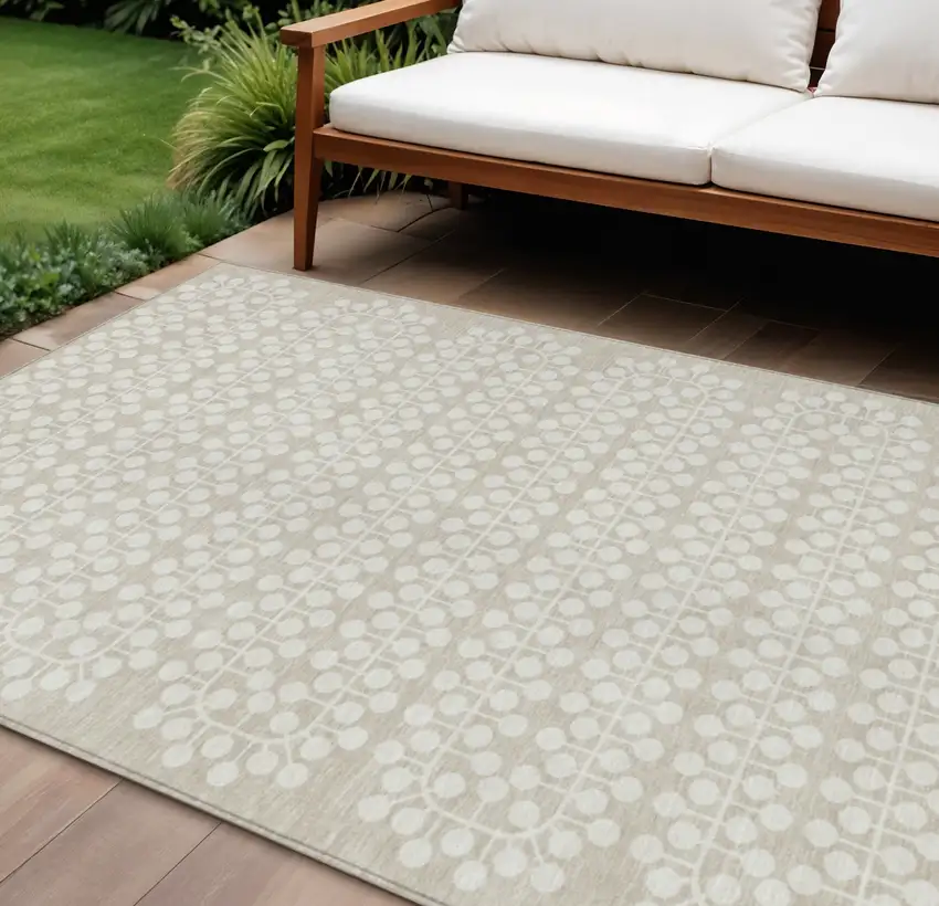 Beige And Ivory Geometric Washable Indoor Outdoor Area Rug Photo 1
