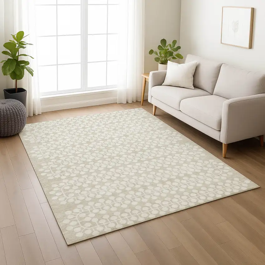 Beige And Ivory Geometric Washable Indoor Outdoor Area Rug Photo 7